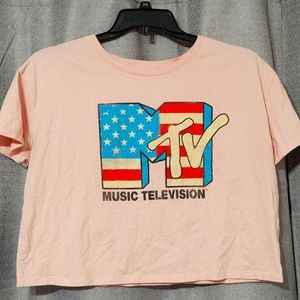 Old Navy MTV Cropped T-shirt Pink with American Flag Graphic Sz Large